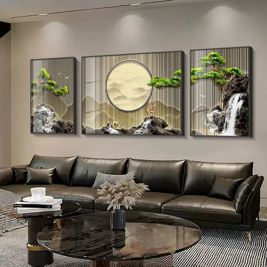 Chinese Art Welcome Pine Landscape Decorative Painting – 3-Piece Set for Living Room Wall Decor